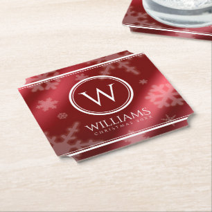 Festliche rote Folie-Schneeflocken Monogramm Name Untersetzer