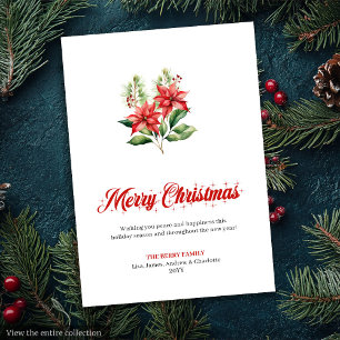 Festliche rote Poinsettia-Script-Schrift-Weihnacht Feiertagskarte