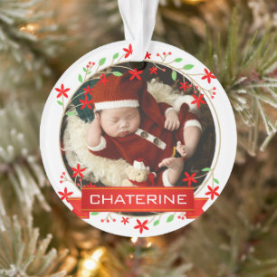 Festliche rote Poinsettien-Blumen-Babys erstes Wei Ornament