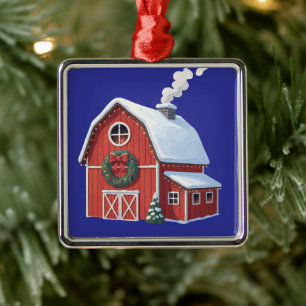 Festliche rustikale Farmhaus-Schneelandschaft rote Ornament Aus Metall