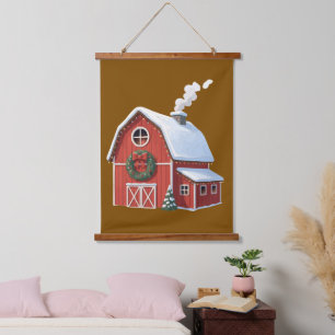 Festliche rustikale Farmhaus-Schneelandschaft rote Wandteppich Mit Holzrahmen