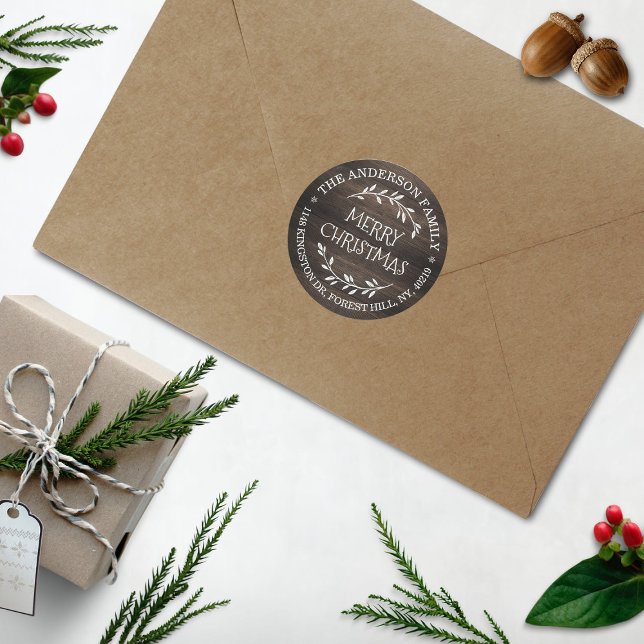 Festliche Rustikale Holzbearbeitung Rücksendeadres Runder Aufkleber (Von Creator hochgeladen)