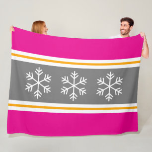 Festliche Schneeflocken Rosa Grau Gelb Weiße Strei Fleecedecke