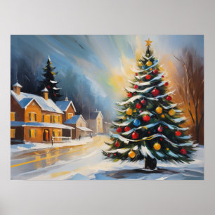 Festliche Schneehütten mit Weihnachtsbaum Poster