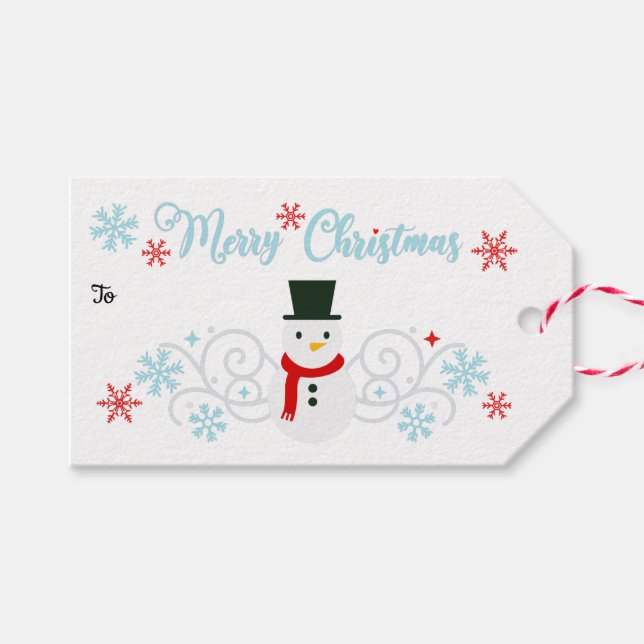 Festliche Schneemänner und blaue Schneeflocken Geschenkanhänger (Vorderseite (Horizontal))