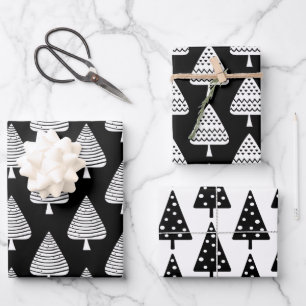Festliche Schwarz-Weiß-Feiertage Bäume wrapping Pa Geschenkpapier Set