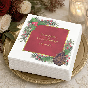 Festliche Stechpalmenbeeren und Tannen-Weihzeit-Ho Serviette