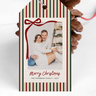 Festliche Streifen & Bogen Weihnachtsfamilienfoto Geschenkanhänger