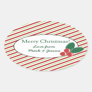 Festliche Streifen und Holly Ovaler Aufkleber