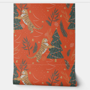 Festliche Tiger und Weihnachtsbäume Tapete