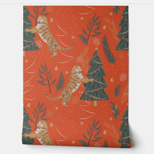 Festliche Tiger und Weihnachtsbäume Tapete (Abrollen)