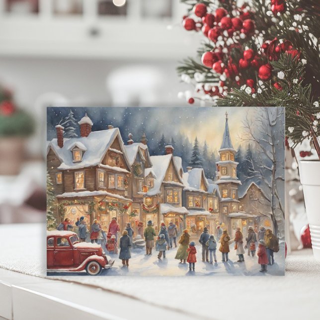Festliche Village Winterschnee Weihnachten (Elegant Christmas painting postcard with a snow-covered winter village)