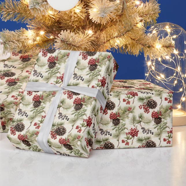 Festliche Vintage Nadelkronen Grüntöne gekachelt Geschenkpapier (Feiertage)