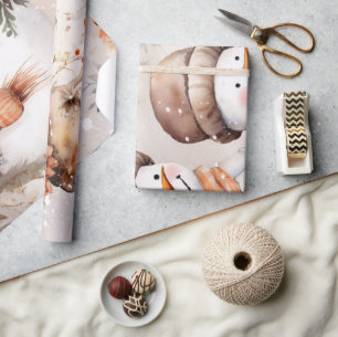 Festliche Vintage-Schneemann- & Weihnachtsblumen Geschenkpapier