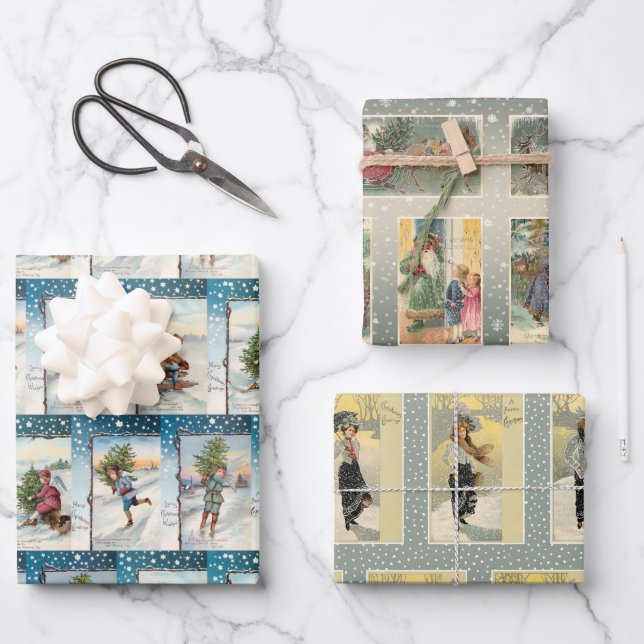 Festliche Vintage Weihnachtskartenkollektion Geschenkpapier Set (Vorderseite)