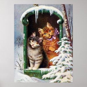 festliche vintage Weihnachtskatzen Feiertag Poster