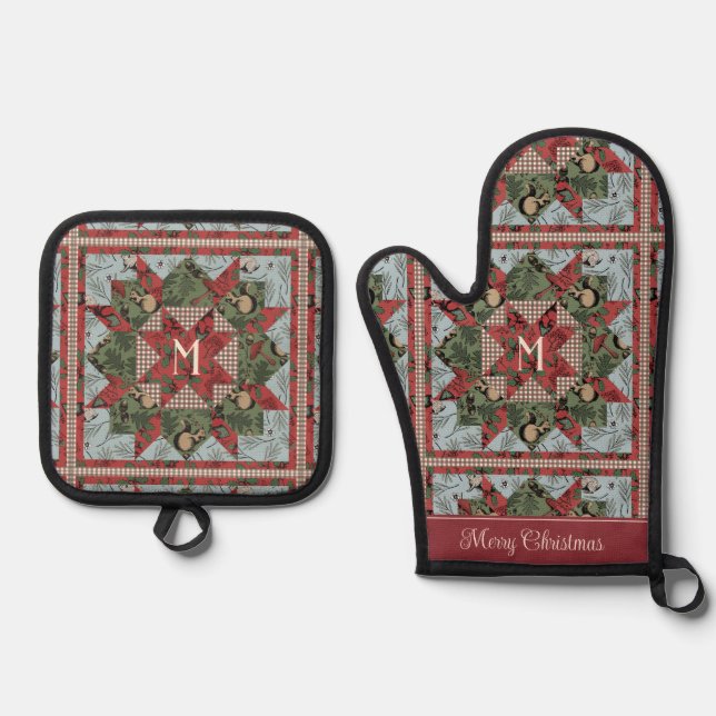 Festliche Waldtiere Patchwork Mit Monogramm Ofenhandschuh & Topflappen-Set (Vorderseite)
