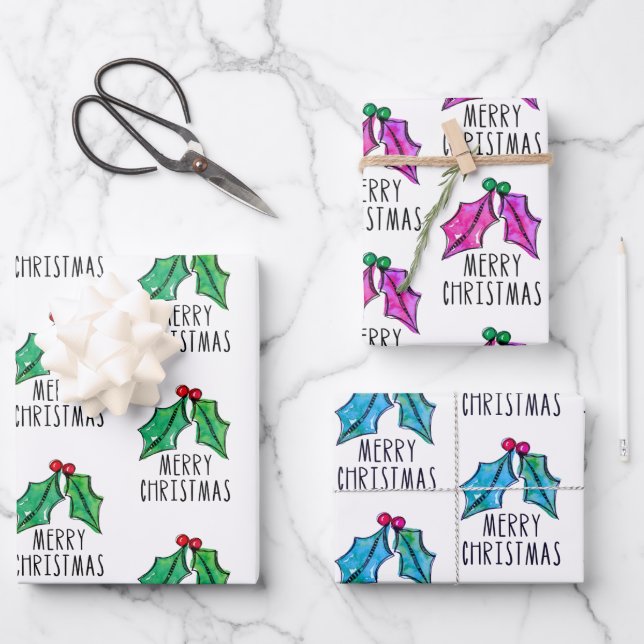 Festliche Wasserfarbe Holly Berries Weihnachten Geschenkpapier Set (Vorderseite)