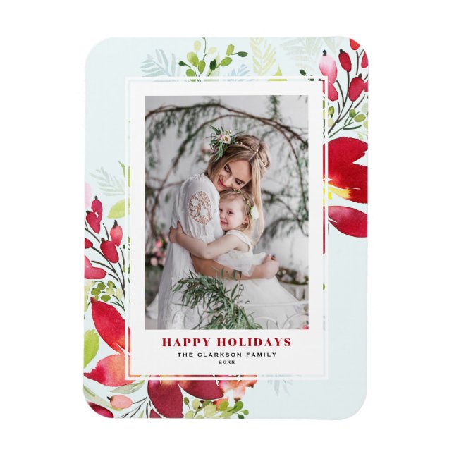 Festliche Wasserfarbe Poinsettia Foto Weihnachten Magnet (Vertikal)