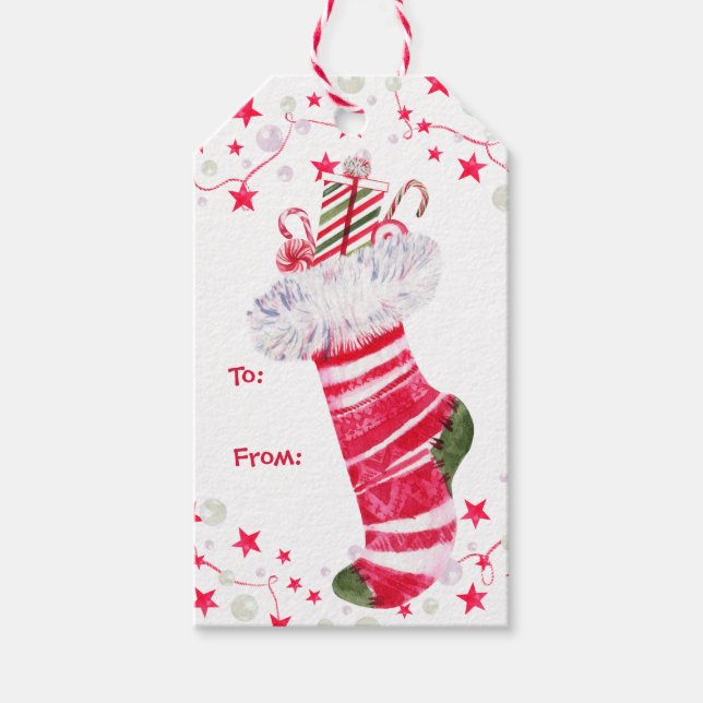 Festliche Wasserfarbe Weihnachten Pelz Strumpf Geschenkanhänger (Vorderseite)