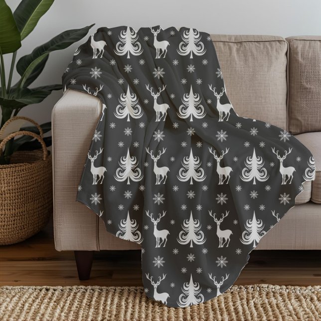 Festliche Weihnachten Hirschpattern Schwarz Fleecedecke (Elegant Black Holiday Christmas Pattern Fleece Blanket )