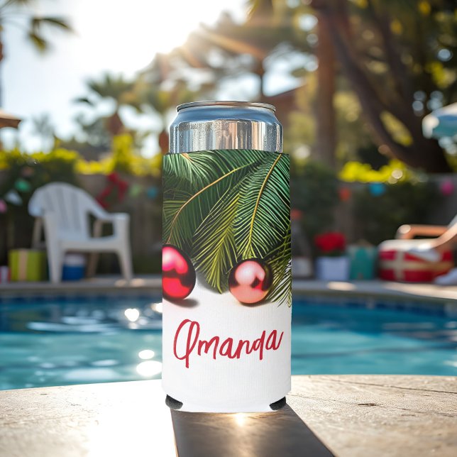 Festliche Weihnachten im Juli Tropical Palm Tree N Selters Dosenkühler (Christmas in July tropical drink can cooler with festive palm trees, ornaments and personalized name)