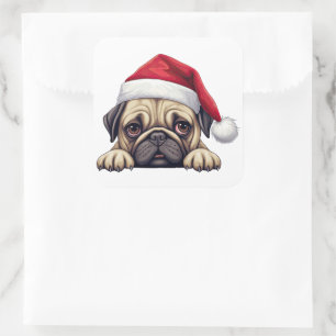 Festliche Weihnachts-Mops-Sticker Quadratischer Aufkleber
