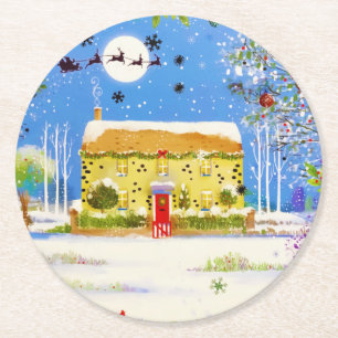 Festliche Weihnachts Winter Zuhause Wasserfarbe Runder Pappuntersetzer