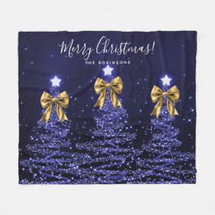 Festliche Weihnachtsbäume Navy Blau Schleifen Gold Fleecedecke