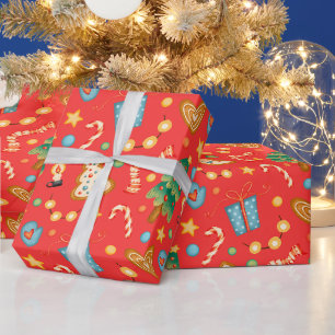 Festliche Weihnachtsbäume und Kekse Rot Geschenkpapier