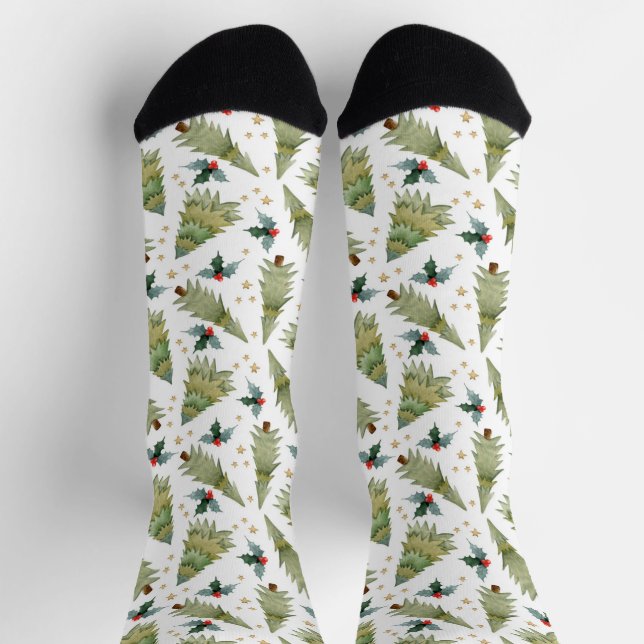 Festliche Weihnachtsbaumen Wasserfarbe Holly Muste Socken (Oben)