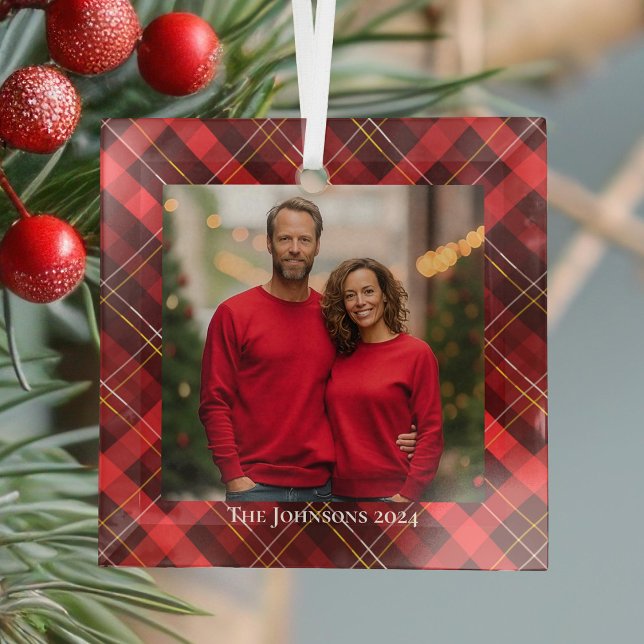 Festliche Weihnachtsfamilie Foto Red Kariert Tarta Ornament Aus Glas (Von Creator hochgeladen)