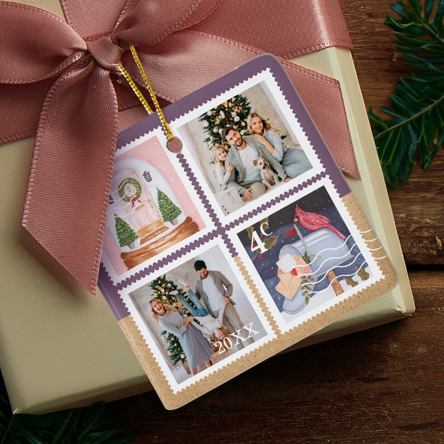 Festliche Weihnachtsfamilien Fotos Briefmarke Post Keramikornament (Fun Festive Christmas Family Photos Postage Stamps Ceramic Ornament)