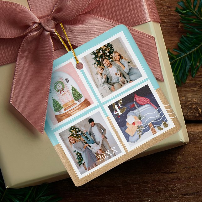 Festliche Weihnachtsfamilien Fotos Briefmarke Post Keramikornament (Fun Festive Christmas Family Photos Postage Stamps Ceramic Ornament)