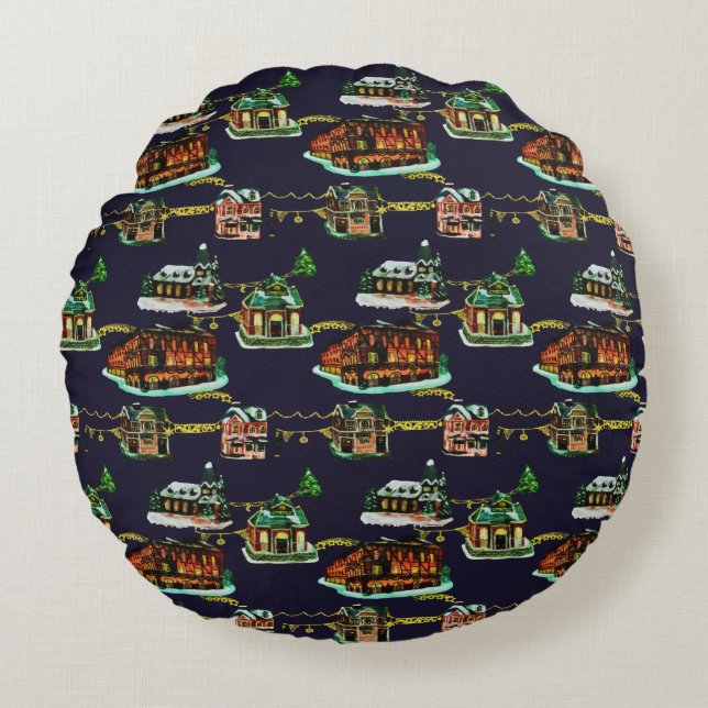 Festliche Weihnachtsfeiertage Stadthaus Baum Rundes Kissen (Vorderseite)