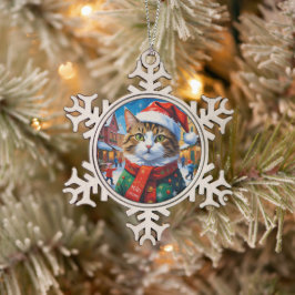 Festliche Weihnachtskatze in Santa-Mütze Schneeflocken Zinn-Ornament