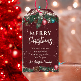 Festliche Weihnachtsleuchten Kiefernäste Schnee ro Geschenkanhänger