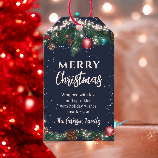 Festliche Weihnachtslichter Kiefernäste schneeblau Geschenkanhänger (Festive Christmas lights pine branches snow blue Gift Tags)