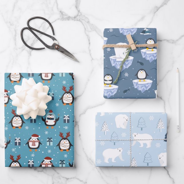 Festliche Weihnachtspinguine und Bären gefliest Geschenkpapier Set (Vorderseite)