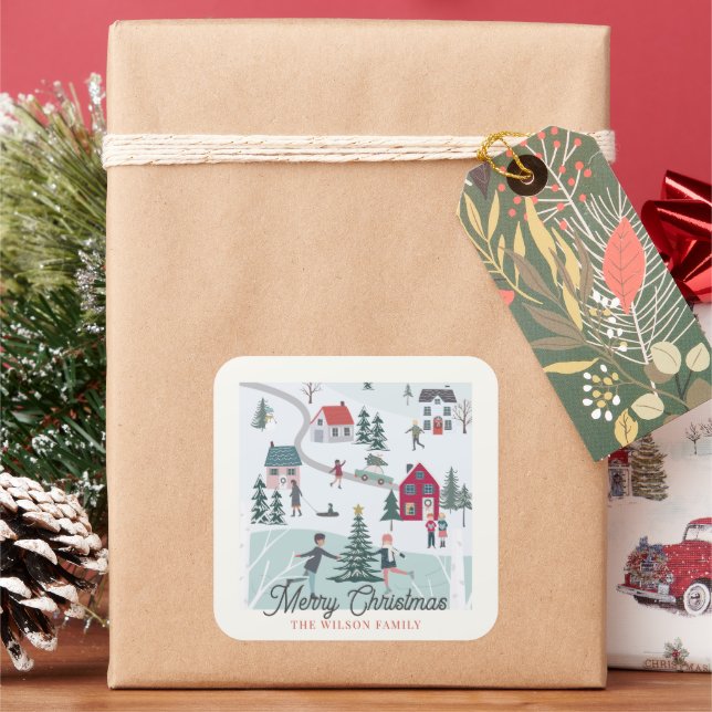 Festliche Weihnachtsstadt/Dorfurlaub Quadratischer Aufkleber (Feiertag)