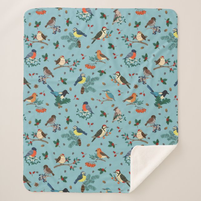 Festliche Winter Birds Weihnachtsmuster Sherpadecke (Vorderseite)