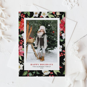 Festliche Winter Blume Muster Schwarzes Foto Feiertagspostkarte