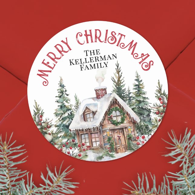 Festliche Winter Wasserfarben Weihnachten Runder Aufkleber (Festive Winter Watercolor Christmas Classic Round Sticker)