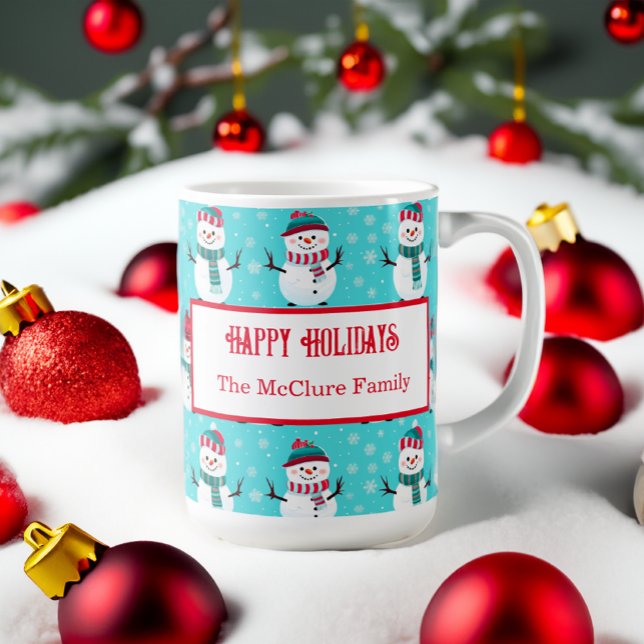 Festliche Winter Wonderland Blue Snowmen Weihnacht Kaffeetasse (Festive Winter Wonderland Personalized Christmas Mug)