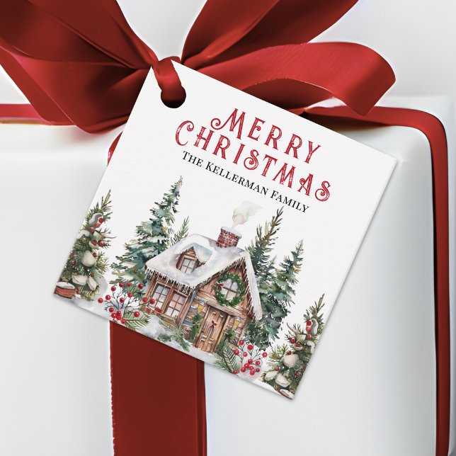 Festliche Winterhütte Wasserfarben Weihnachten Geschenkanhänger (Festive Winter Cabin Watercolor Christmas Favor Tags)