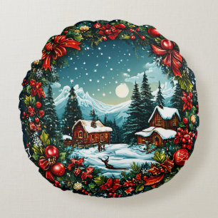 Festliche Winterhüttenszene mit Weihnachtskranz Rundes Kissen