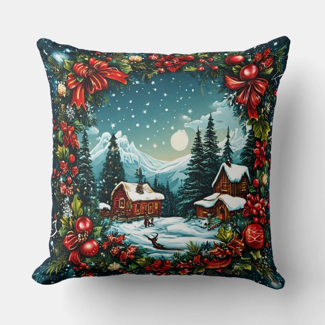 Festliche Winterhüttenszene nach Weihnachtskranz Kissen (Vorderseite)