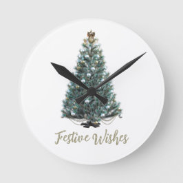Festliche Wünsche. Weihnachtsbaum-Design Runde Wanduhr
