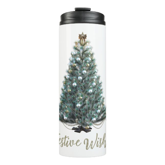 Festliche Wünsche. Weihnachtsbaum-Design Thermosbecher (Vorderseite)