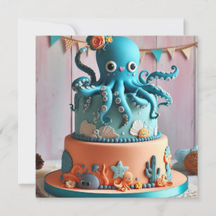 FESTLICHER BLAUER Oktopus-GEBURTSTAGSKUCHEN  Einladung